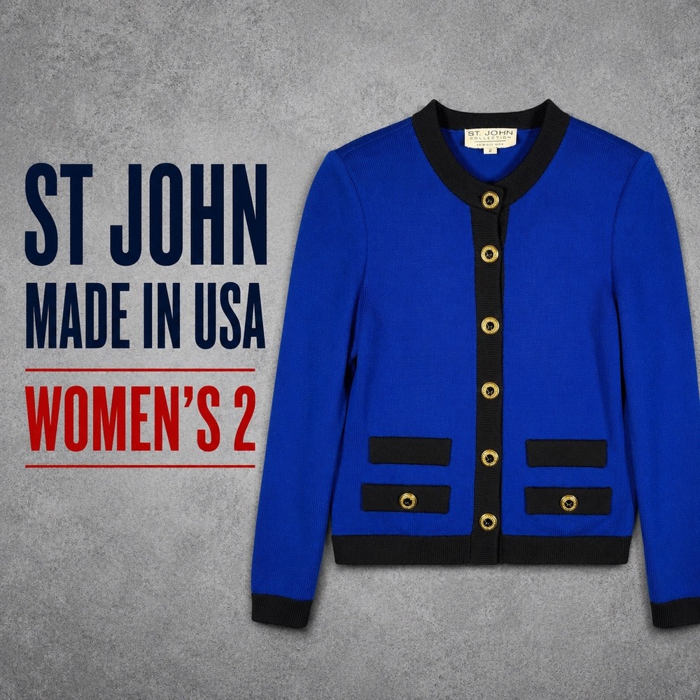 St John Collection Blue Black Knit Cardigan Jacket Gold Logo Buttons Womens 2